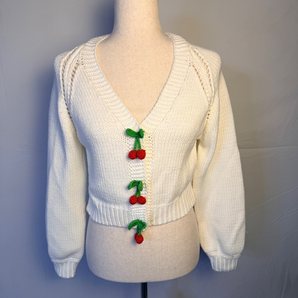White Cropped Cardigan Crochet sweet Cherry Knit Sweater XS retro, coquette girl